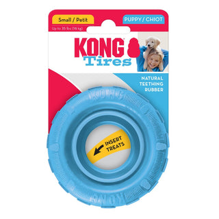 Blue KONG Puppy Tires dog toy for small puppies made with natural teething rubber and treat insert feature
