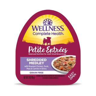 Wellness Complete Health Petite Entrées shredded medley with roasted chicken, duck, peas, and carrots for small breed dogs